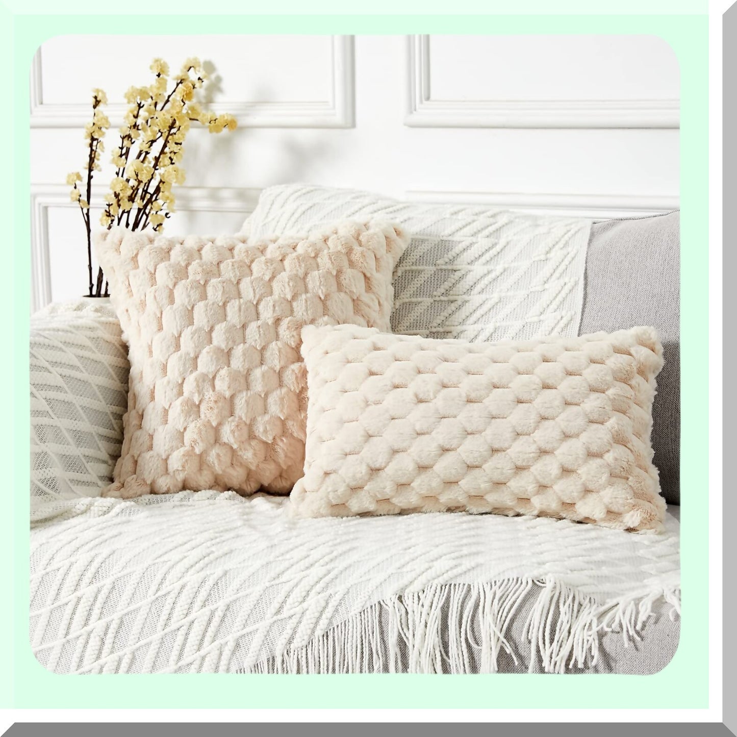 Luxury Plush Cozy Throw Pillow Covers - Set of 2 Soft Fuzzy Cushion Cover for Sofa Couch Bed - Decorative Pillowcase 20x20 Inch Beige