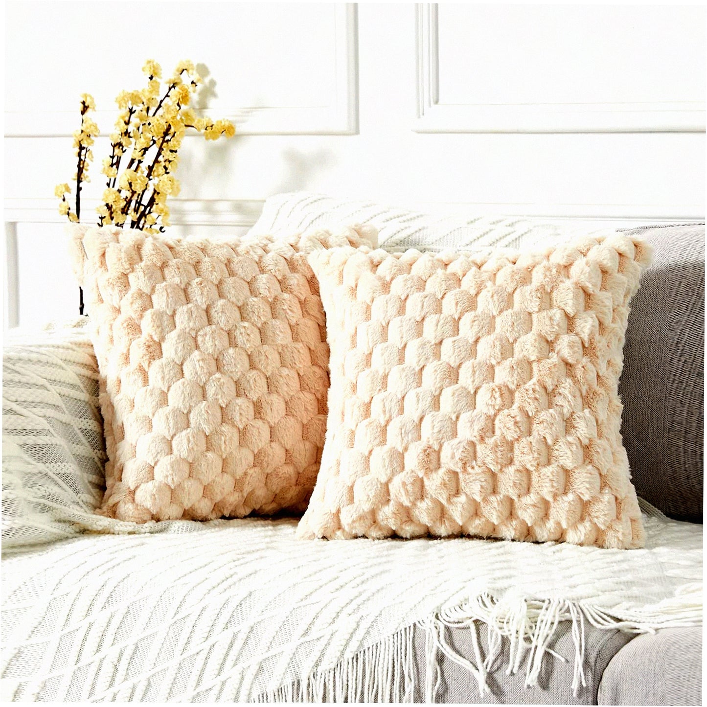 Luxury Plush Cozy Throw Pillow Covers - Set of 2 Soft Fuzzy Cushion Cover for Sofa Couch Bed - Decorative Pillowcase 20x20 Inch Beige