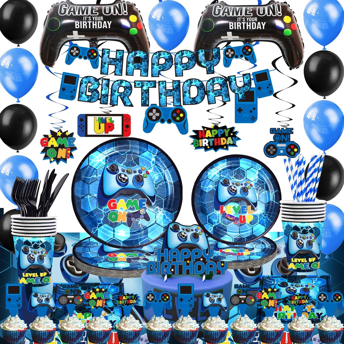 Blue Gamer Party Pack - 212Pcs Video Game Themed Supplies for Boys Birthday - Tableware, Decorations, Balloons, Serves 16 Guests - Gaming Fun Kit