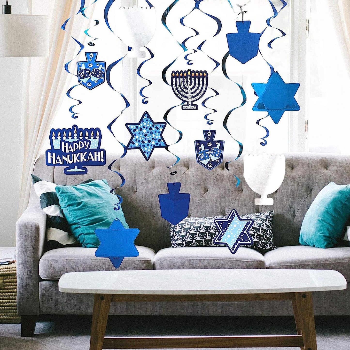 Hanukkah Swirls & Cutouts - Festive 12-Piece Set for Holiday Decor, 24" Swirls with F Hanukkah Cutouts & 18" Swirls Alone, 2-Pack for Easy Hanging