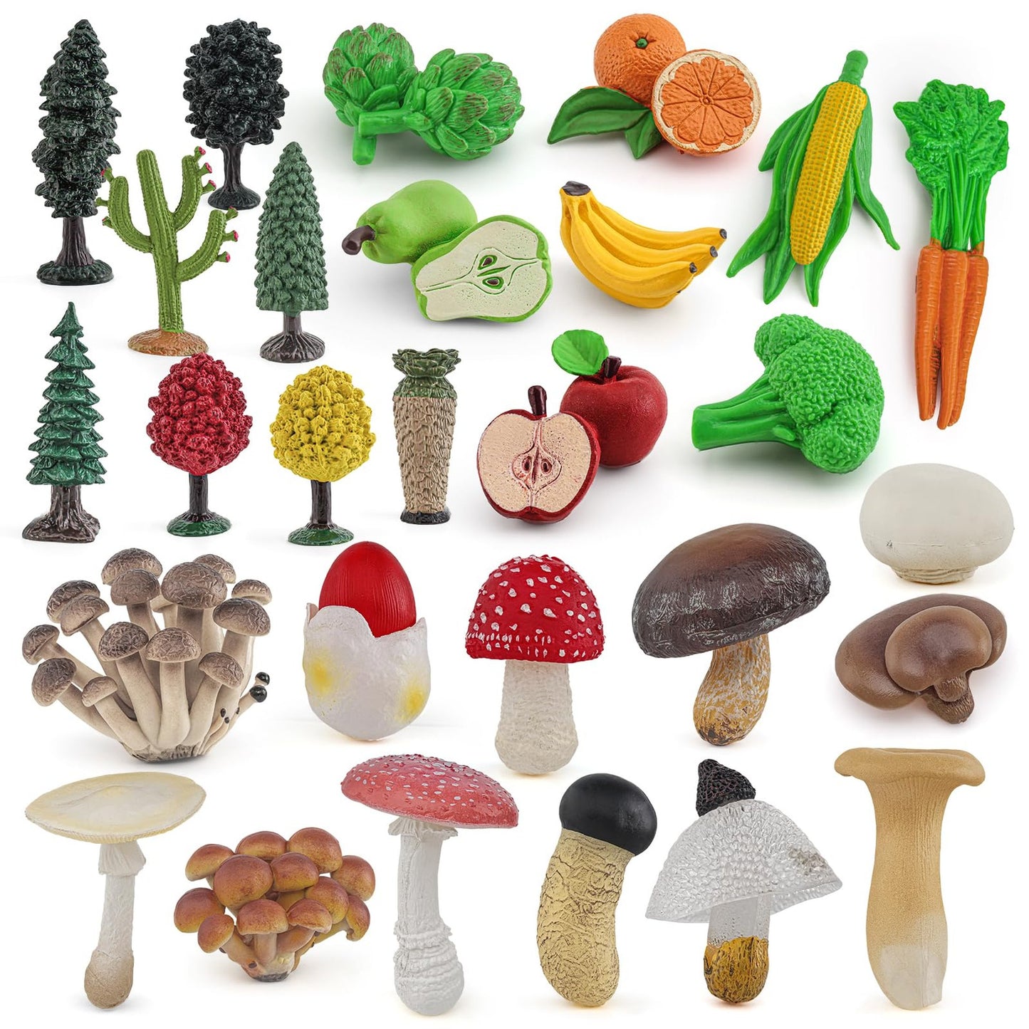 Fungi Veggie Fruit Tree Playset - 28 PCS Mushroom Corn Carrot Broccoli Banana Orange Pear Figurines - Party Favors Cake Toppers Set for Kids