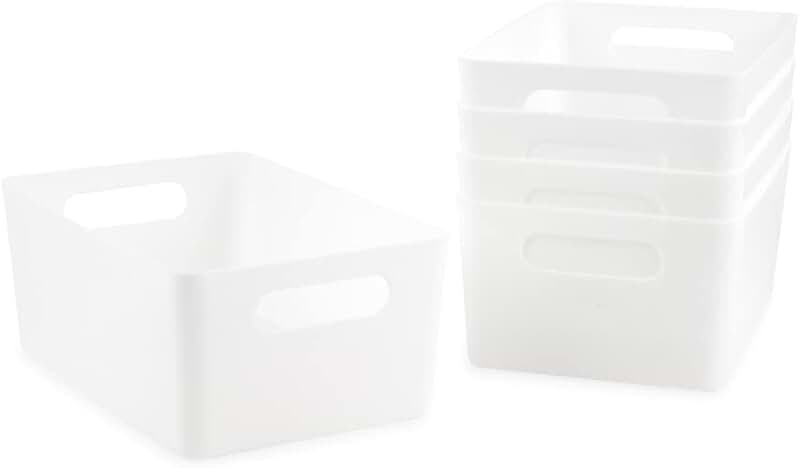 Set of 5 Medium White Storage Bins with Handles