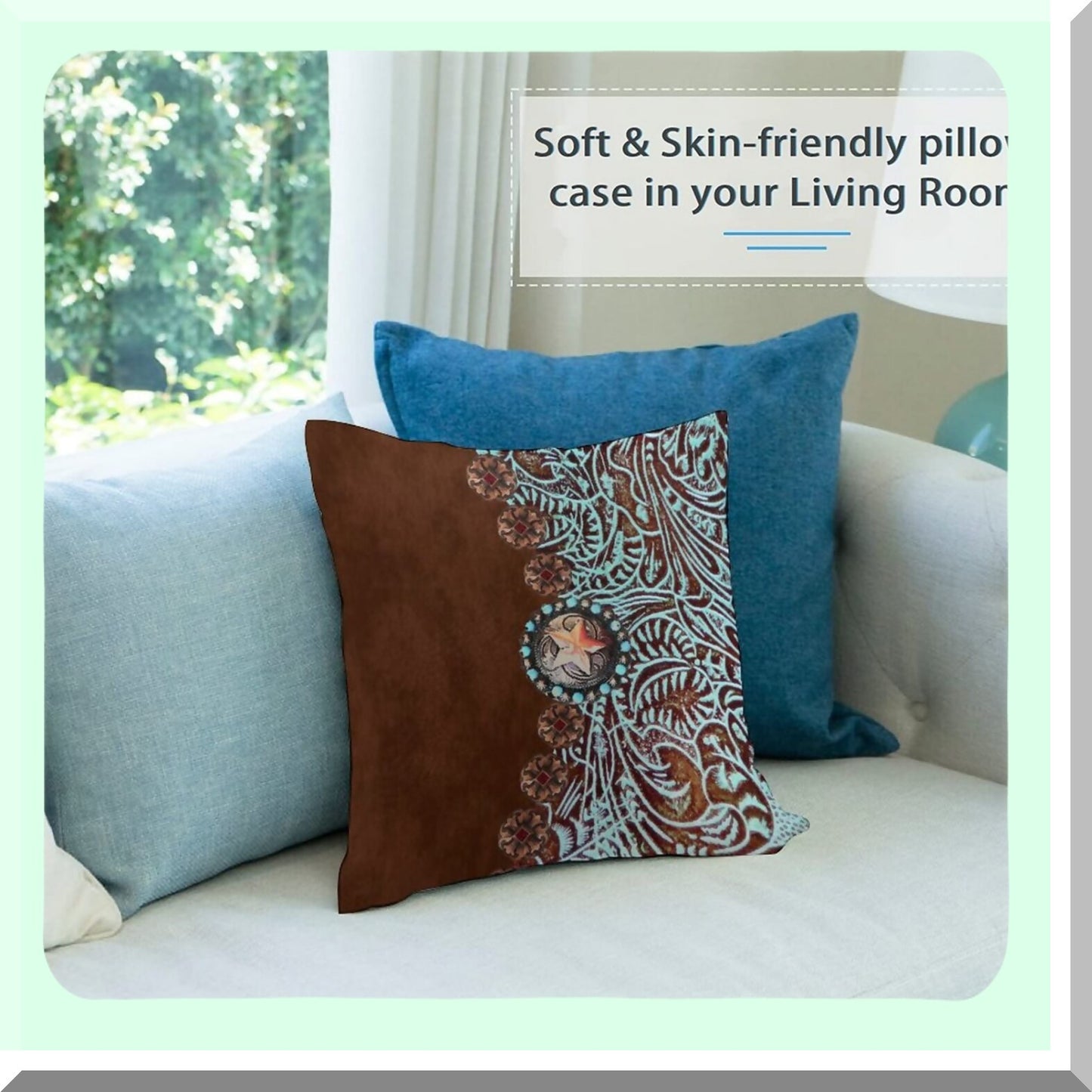 Rustic Turquoise Western Throw Pillow Cover - Cozy Square Pillowcase for Home Decor - Country Cowgirl Cowboy Cushion Case for Bed Couch Sofa - 18x18"