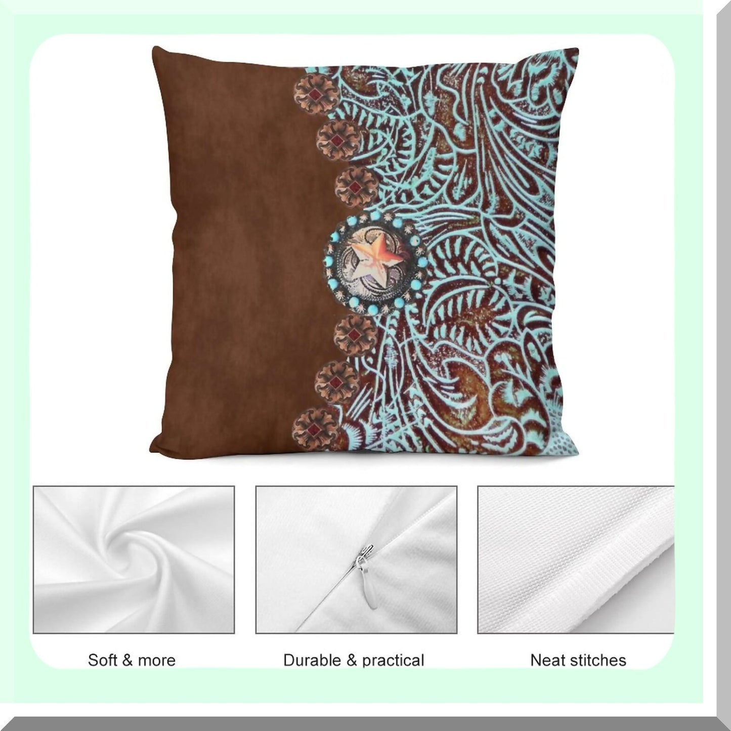 Rustic Turquoise Western Throw Pillow Cover - Cozy Square Pillowcase for Home Decor - Country Cowgirl Cowboy Cushion Case for Bed Couch Sofa - 18x18"