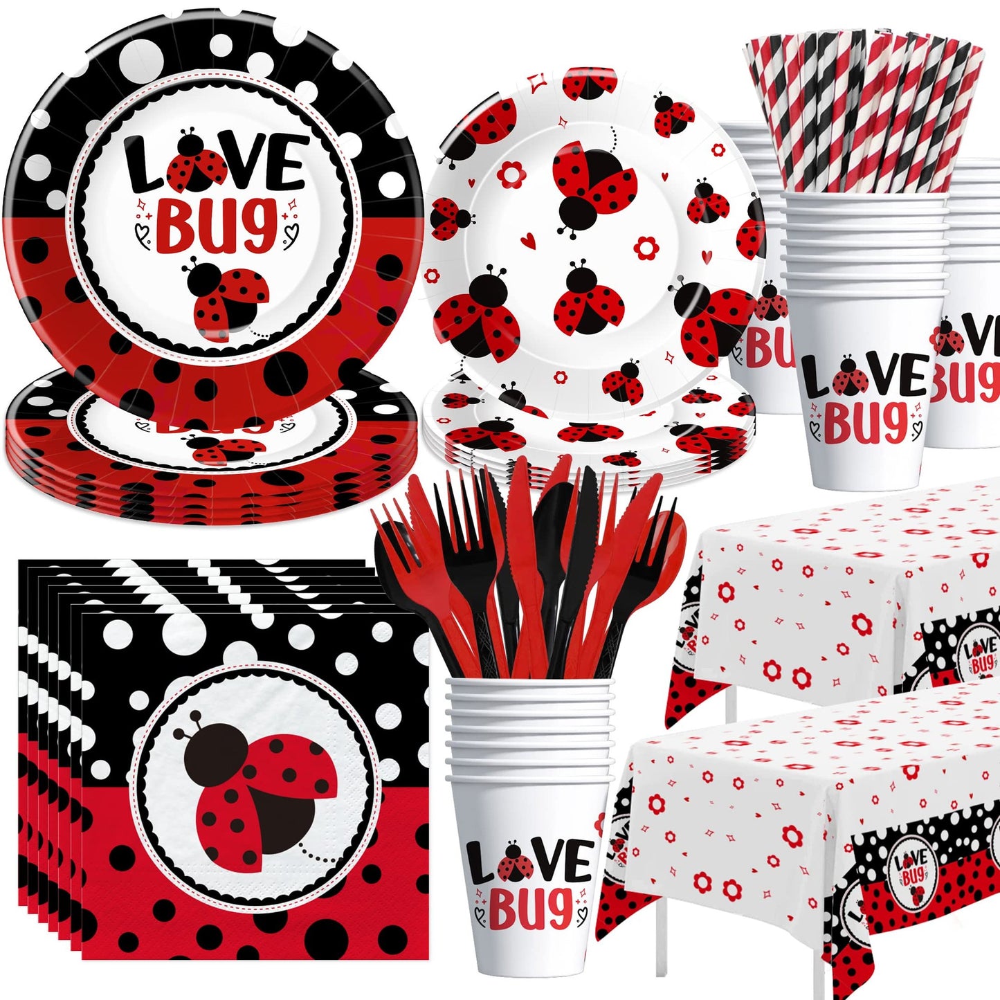 Ladybug Party Pack - Complete Lady Bug Theme Birthday Baby Shower Decorations Set for 24 Guests - Tableware, Cutlery, and Decor Supplies