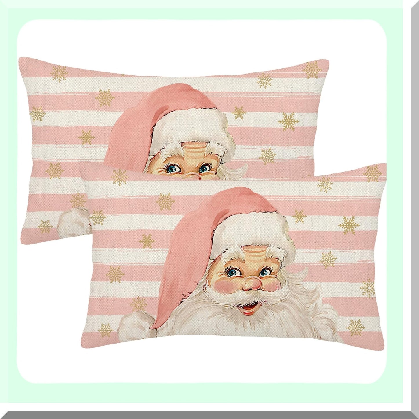 Winter Pink Stripes Pillow Covers Set - Farmhouse Linen Cushion Case Decor for Home Couch Sofa - 12x20 Throw Pillow Covers - Claus Collection