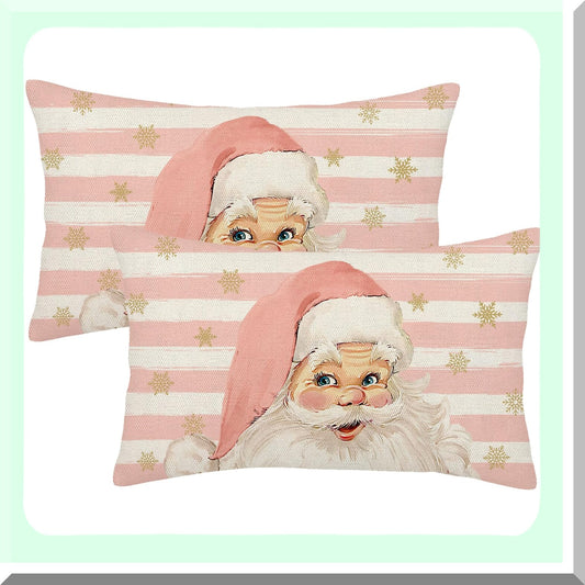 Winter Pink Stripes Pillow Covers Set - Farmhouse Linen Cushion Case Decor for Home Couch Sofa - 12x20 Throw Pillow Covers - Claus Collection