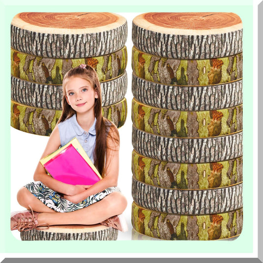 FlexiPrint Round Floor Cushions - Set of 12 | 14.6" Soft Seating for Kids & Adults | 3D Digital Print Decorative Throw Pillows | Wood Slice Design | Daycare, School, Home Décor