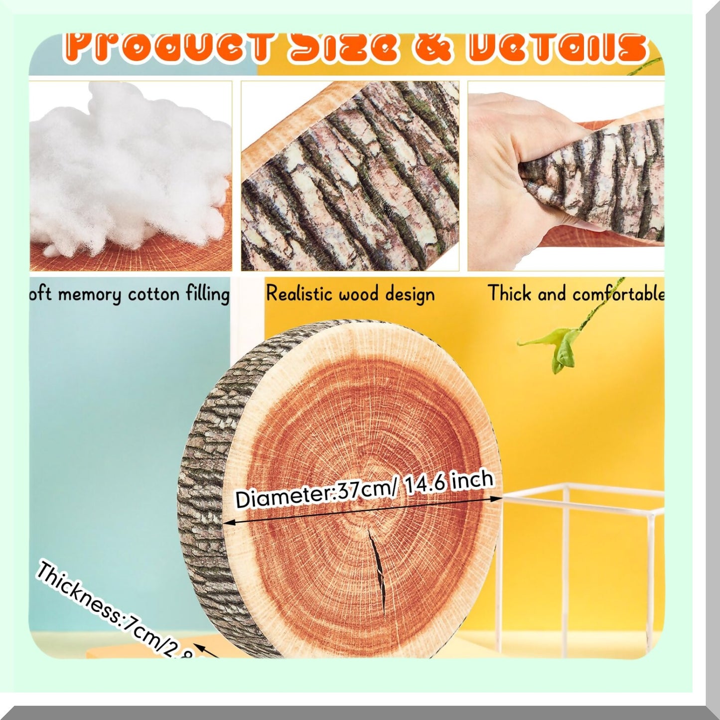 FlexiPrint Round Floor Cushions - Set of 12 | 14.6" Soft Seating for Kids & Adults | 3D Digital Print Decorative Throw Pillows | Wood Slice Design | Daycare, School, Home Décor