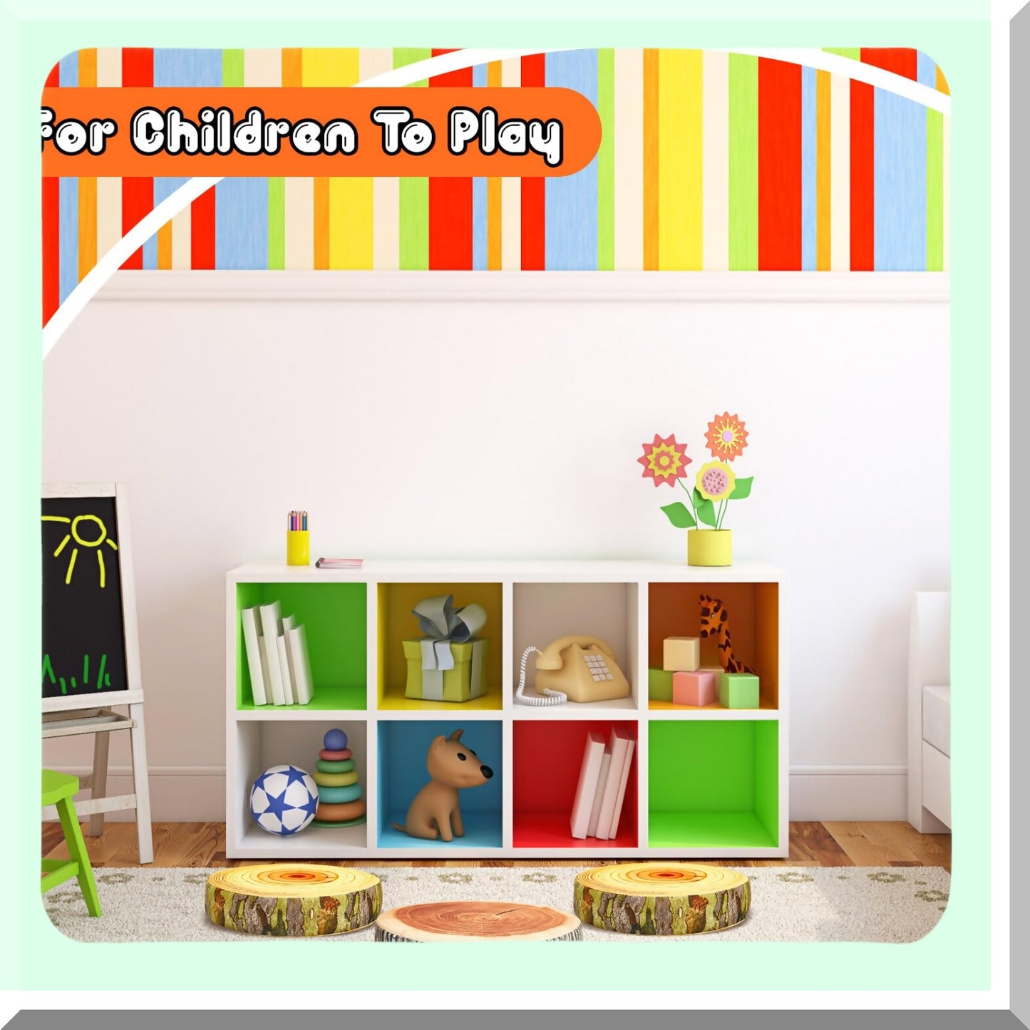 FlexiPrint Round Floor Cushions - Set of 12 | 14.6" Soft Seating for Kids & Adults | 3D Digital Print Decorative Throw Pillows | Wood Slice Design | Daycare, School, Home Décor