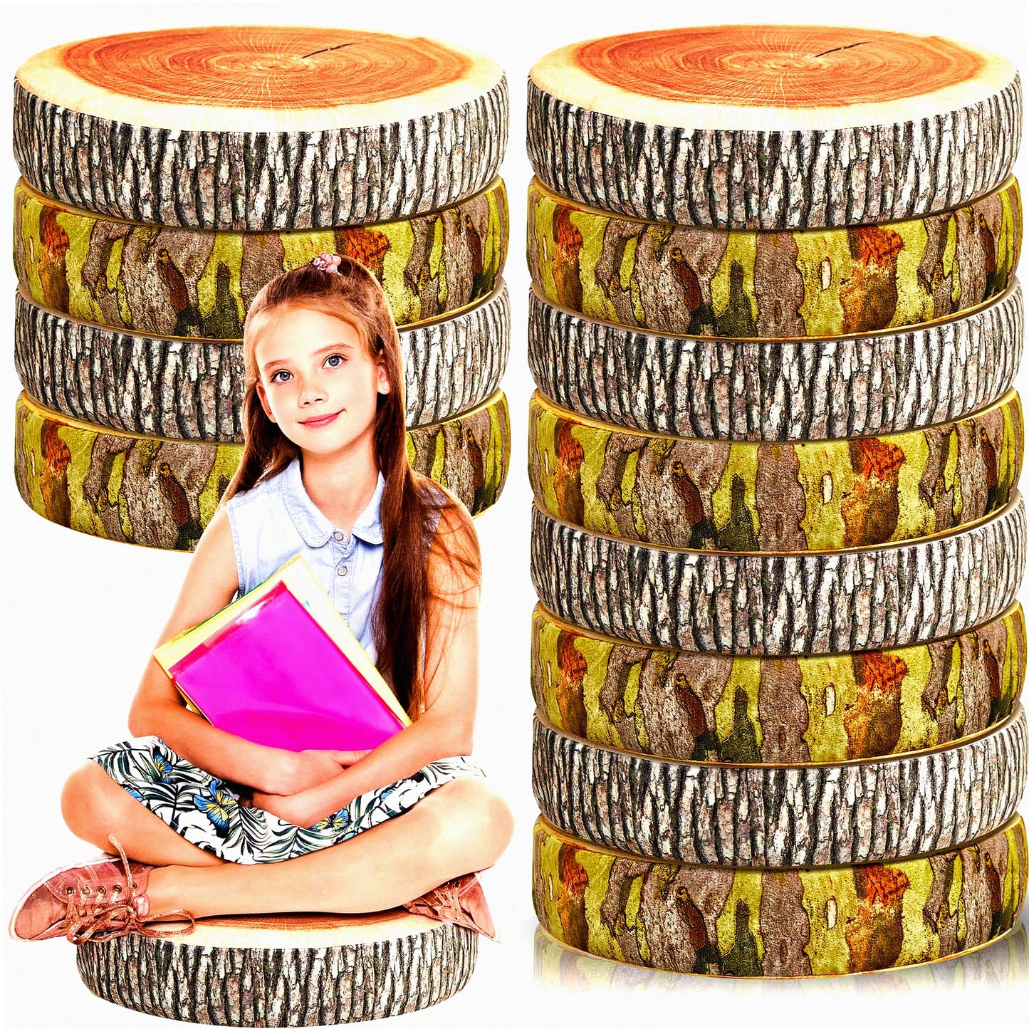 FlexiPrint Round Floor Cushions - Set of 12 | 14.6" Soft Seating for Kids & Adults | 3D Digital Print Decorative Throw Pillows | Wood Slice Design | Daycare, School, Home Décor