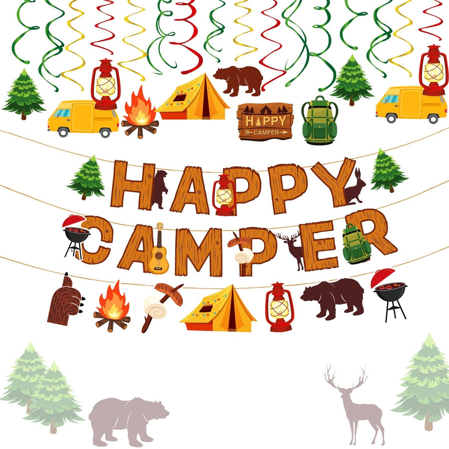 Happy Camper Picnic Party Pack - 16 PCS Camping Birthday Decorations & Supplies. Includes Banner, Decor, & More for a Fun Outdoor Celebration!