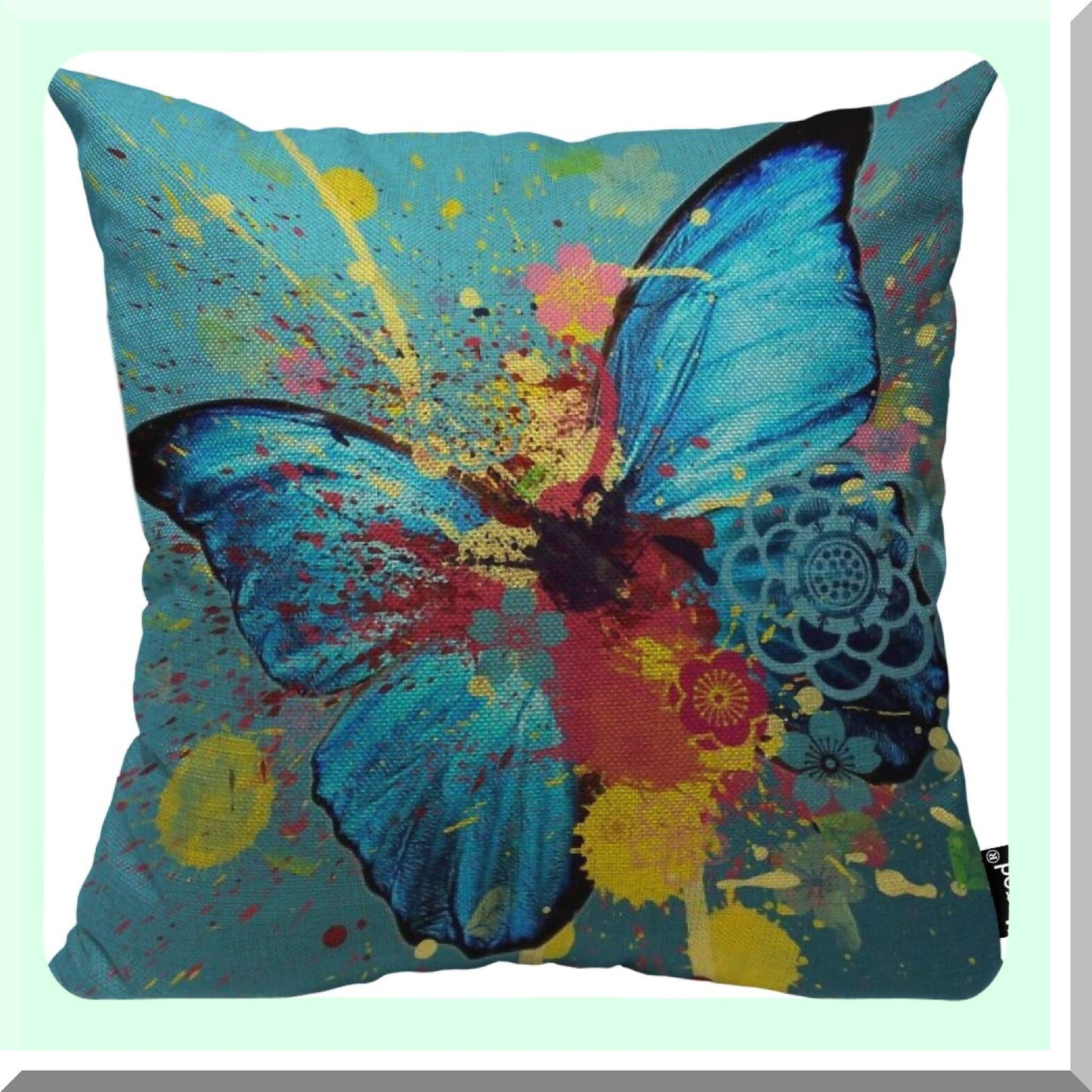Watercolor Butterfly Lotus Decorative Pillow Cover - Bold Splash Doodle Cotton Linen Square Cushion Case for Couch Sofa Bed 18x18 Inch
