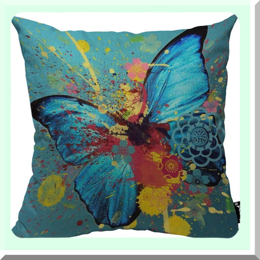 Watercolor Butterfly Lotus Decorative Pillow Cover - Bold Splash Doodle Cotton Linen Square Cushion Case for Couch Sofa Bed 18x18 Inch