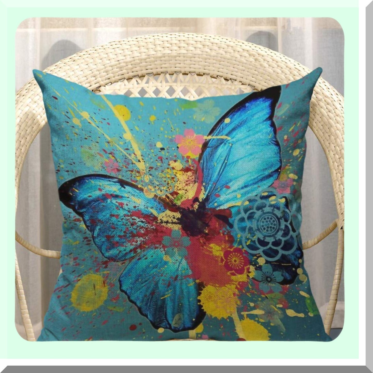 Watercolor Butterfly Lotus Decorative Pillow Cover - Bold Splash Doodle Cotton Linen Square Cushion Case for Couch Sofa Bed 18x18 Inch