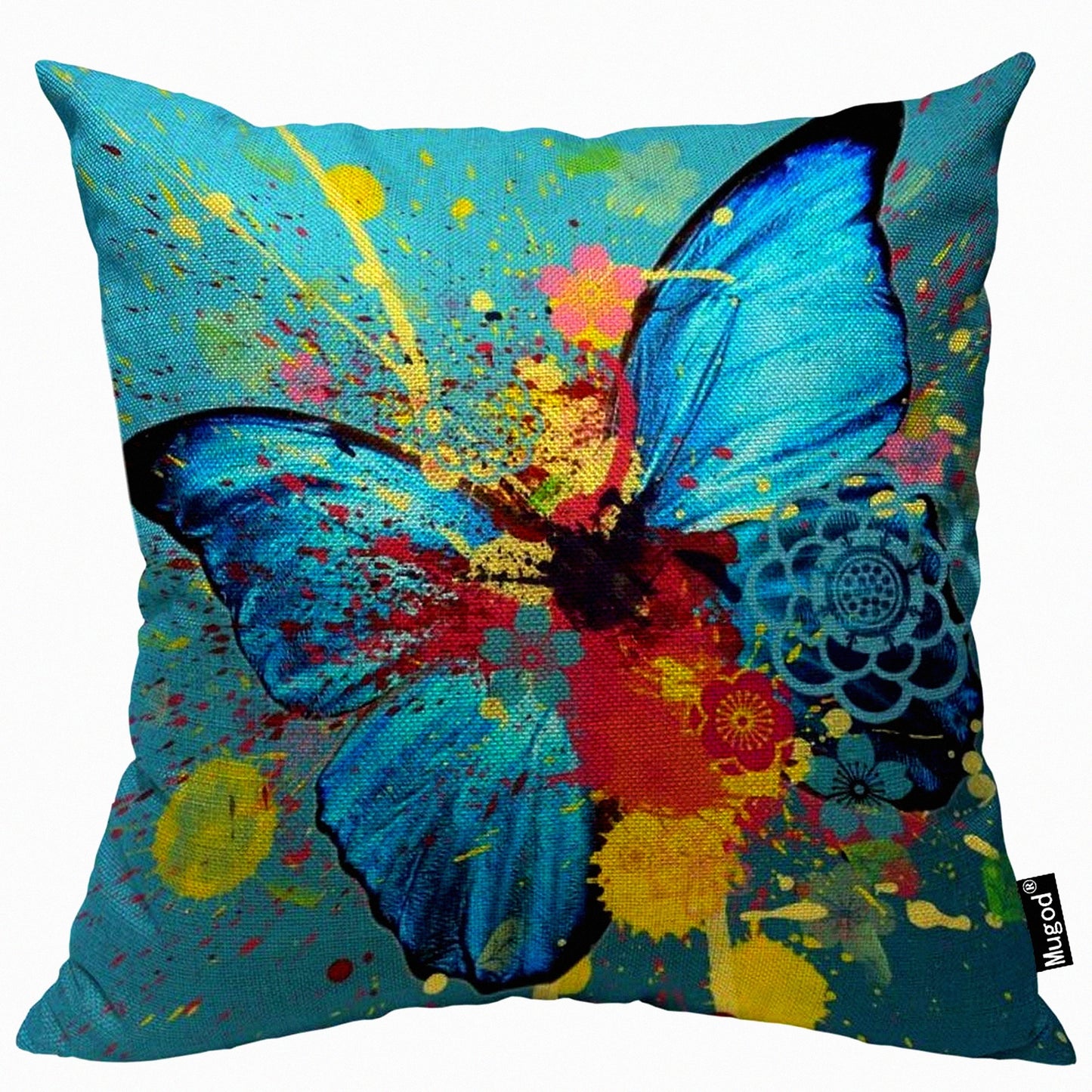 Watercolor Butterfly Lotus Decorative Pillow Cover - Bold Splash Doodle Cotton Linen Square Cushion Case for Couch Sofa Bed 18x18 Inch