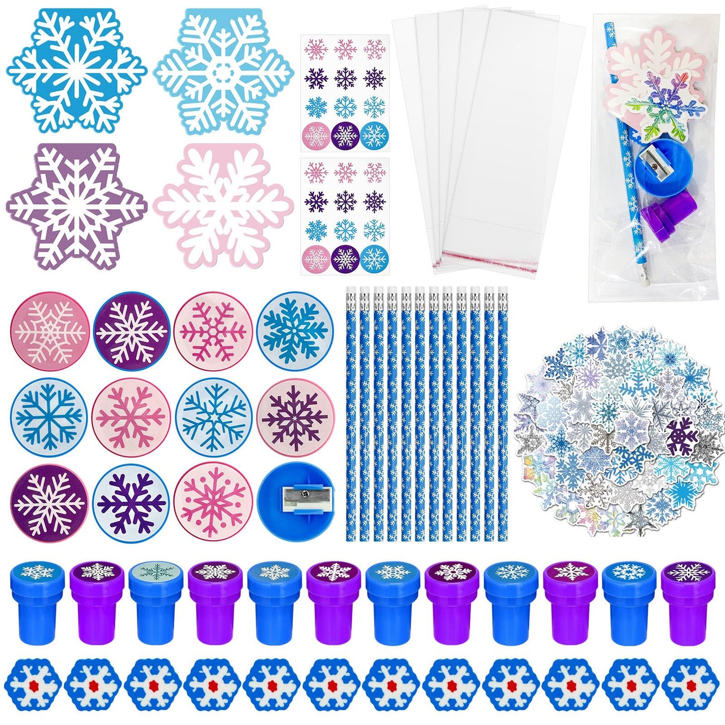 Snowflake Stationery Set - 194 Pcs Winter Frozen Party Favors for Clrooms Exchange Gifts. Includes Notepads, Pencils, Sharpener, Erasers, Stickers, Stamps.