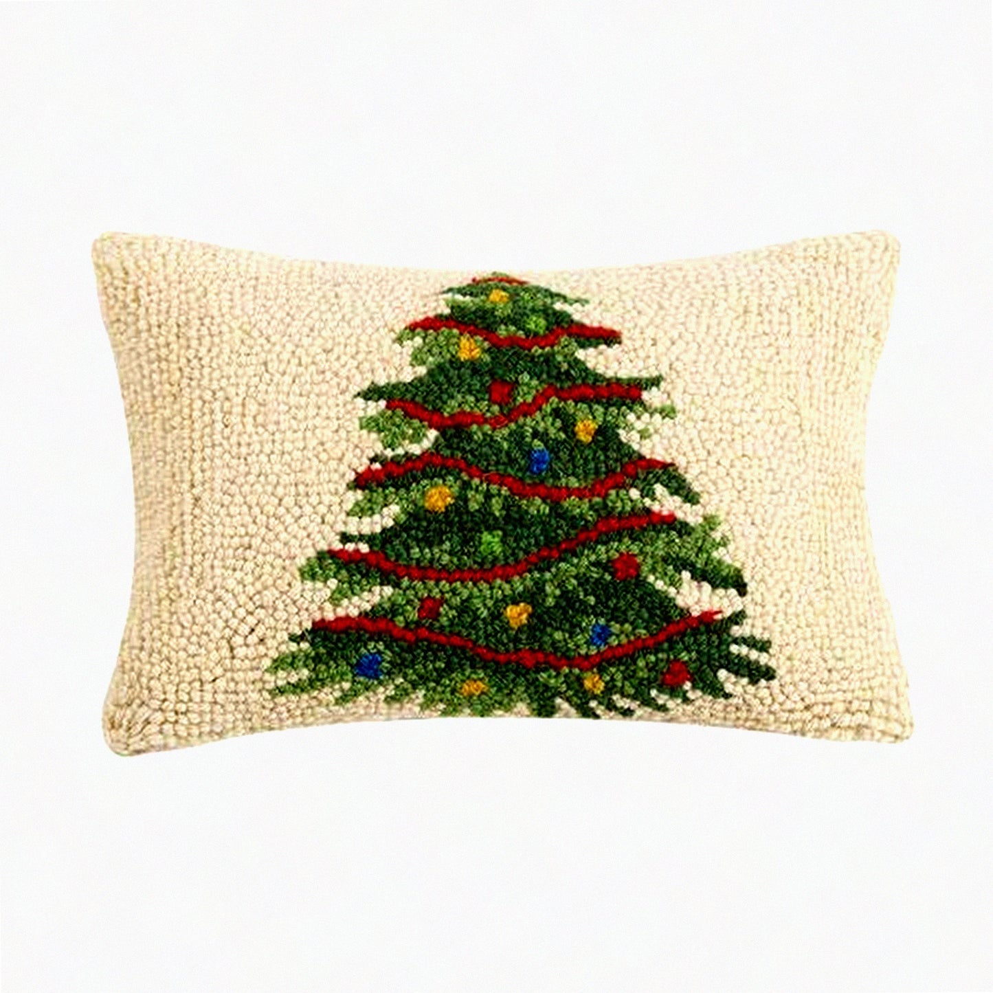 TwinkleTree Wool Pillow - Festive Decorative Cushion with Lighted Tree Design - 8 x 12 inches - Cozy Hooked Pillow for Home Decor