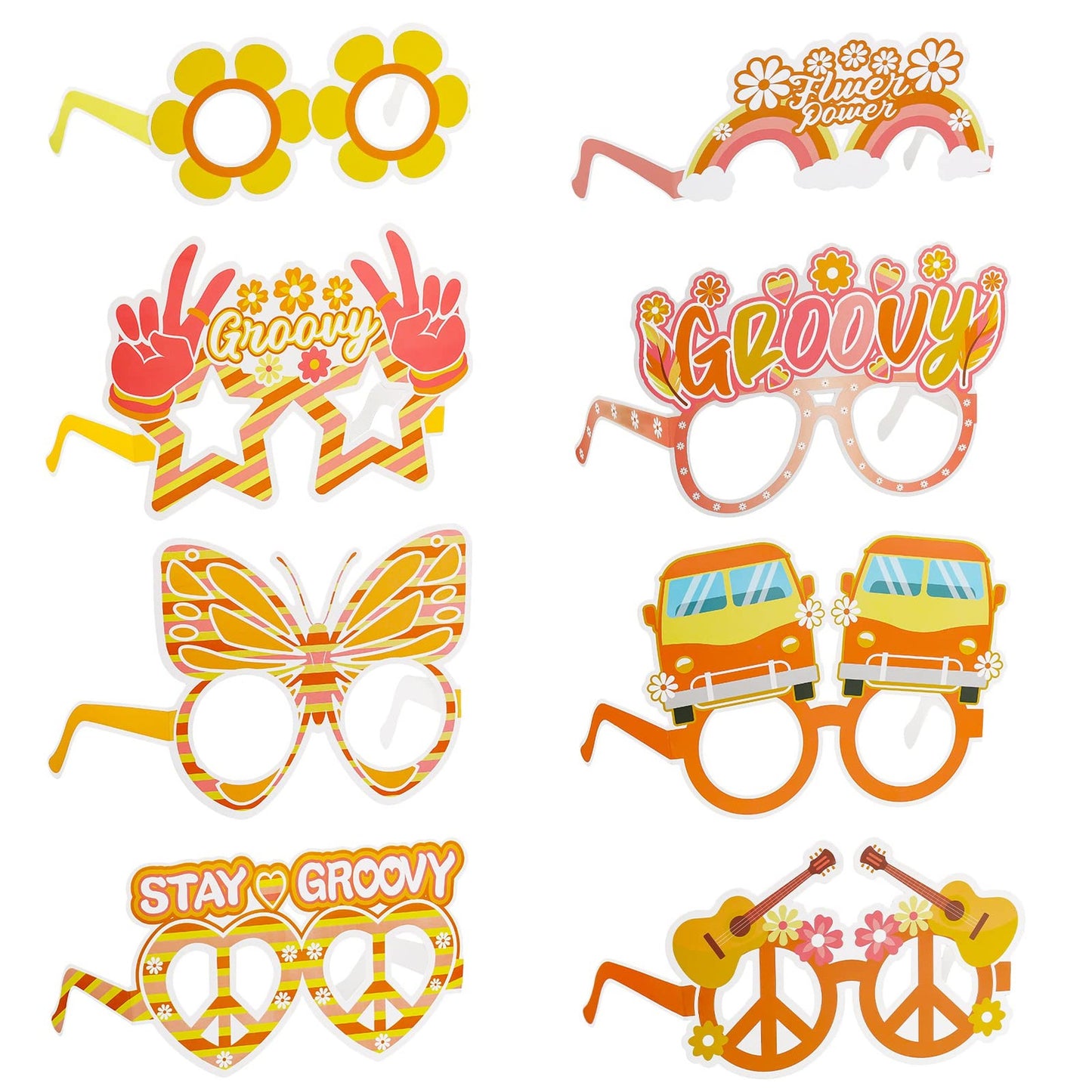 Retro Groovy Hippie Party Glasses Set - Butterfly Flowers Bus Peace Sign Tie Dye 60's Birthday Decor Kit - 24 Pieces