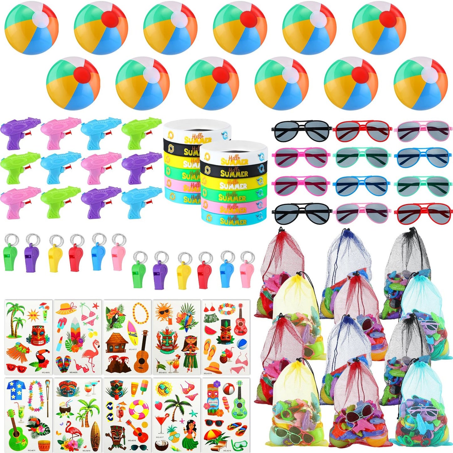 Beach Blast Party Pack - 82-Piece Set with Beach Balls, Sunglasses, Whistles, Bracelets, Stickers, Storage Bags, and Water Toys. Perfect for Pool Parties!