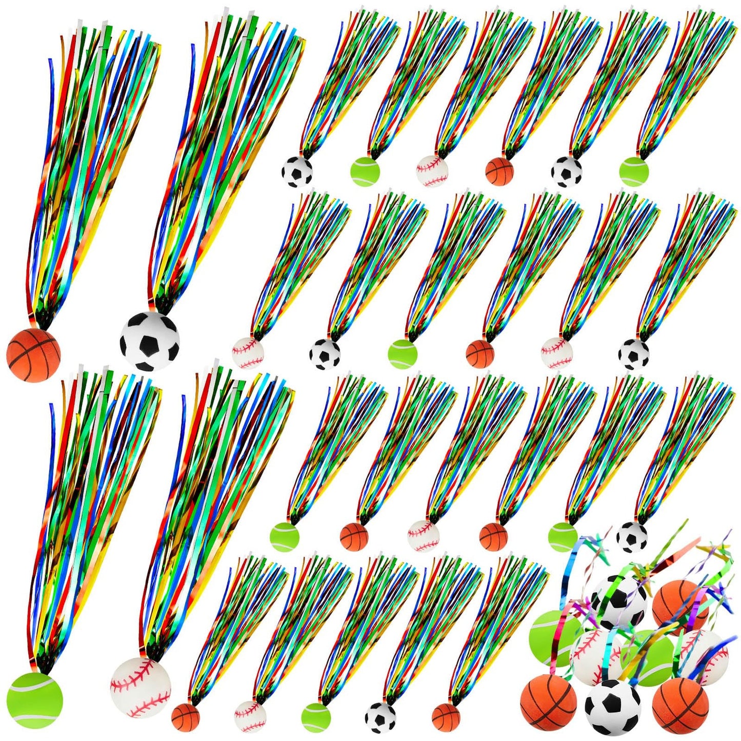 Sports Comet Streamer Bouncy Balls - 24 Pack Party Favors for Kids & Teens. Basketball, Volleyball, Baseball, Soccer Mini Rubber Balls - Birthday Party Gifts.