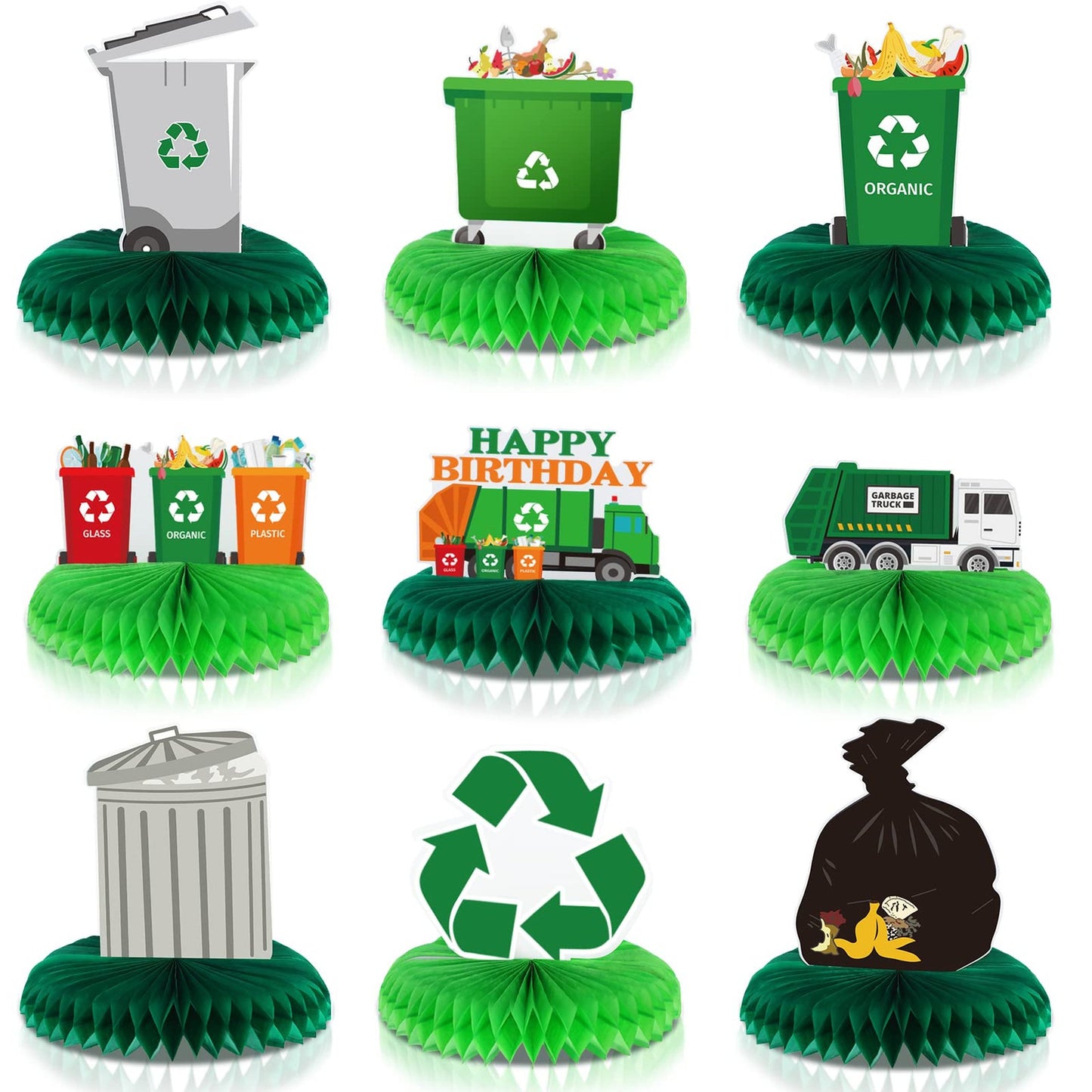 Garbage Truck Party Centerpieces - Set of 9 Trash Truck Honeycomb Decorations for Birthday Celebrations - Table Decor Supplies