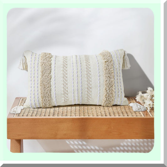Tufted Farmhouse Lumbar Pillow Cover - Modern Boho Decorative Throw Pillow Case for Couch Bed Home - Small Neutral Accent Cream White 12x20"