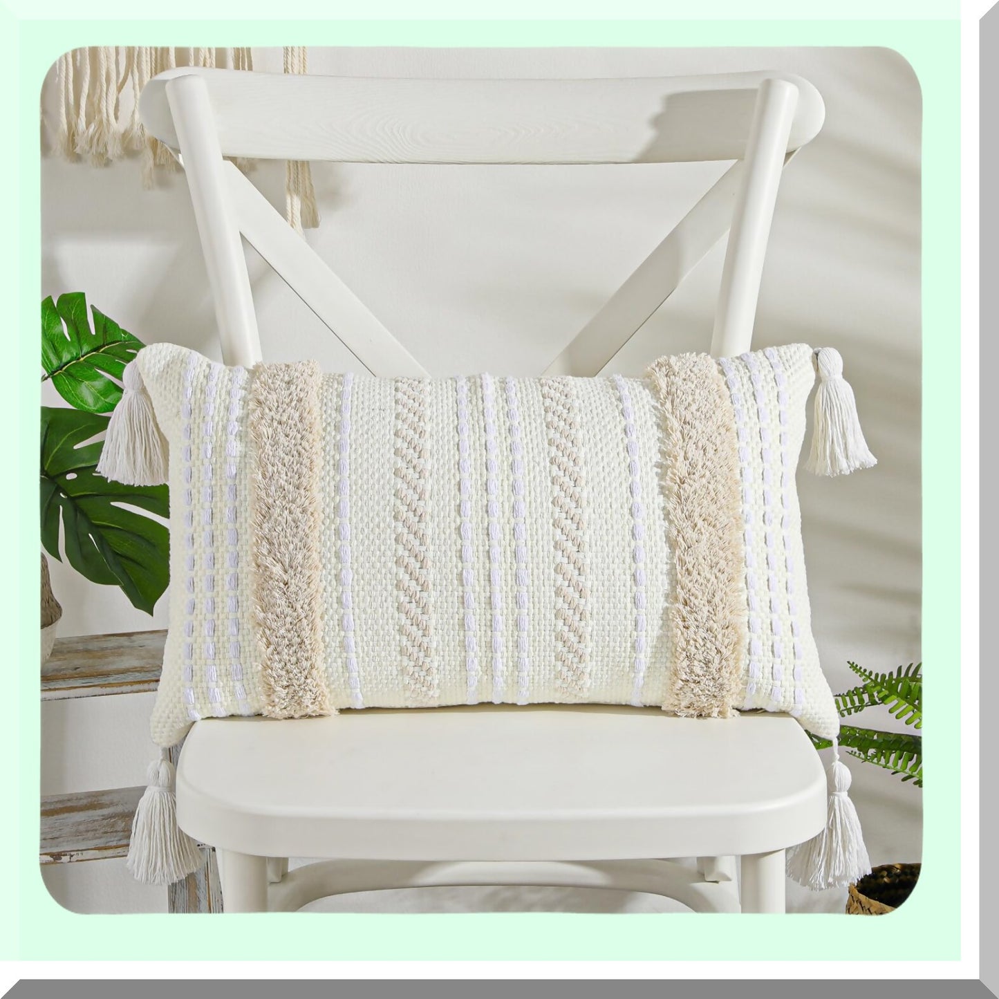 Tufted Farmhouse Lumbar Pillow Cover - Modern Boho Decorative Throw Pillow Case for Couch Bed Home - Small Neutral Accent Cream White 12x20"