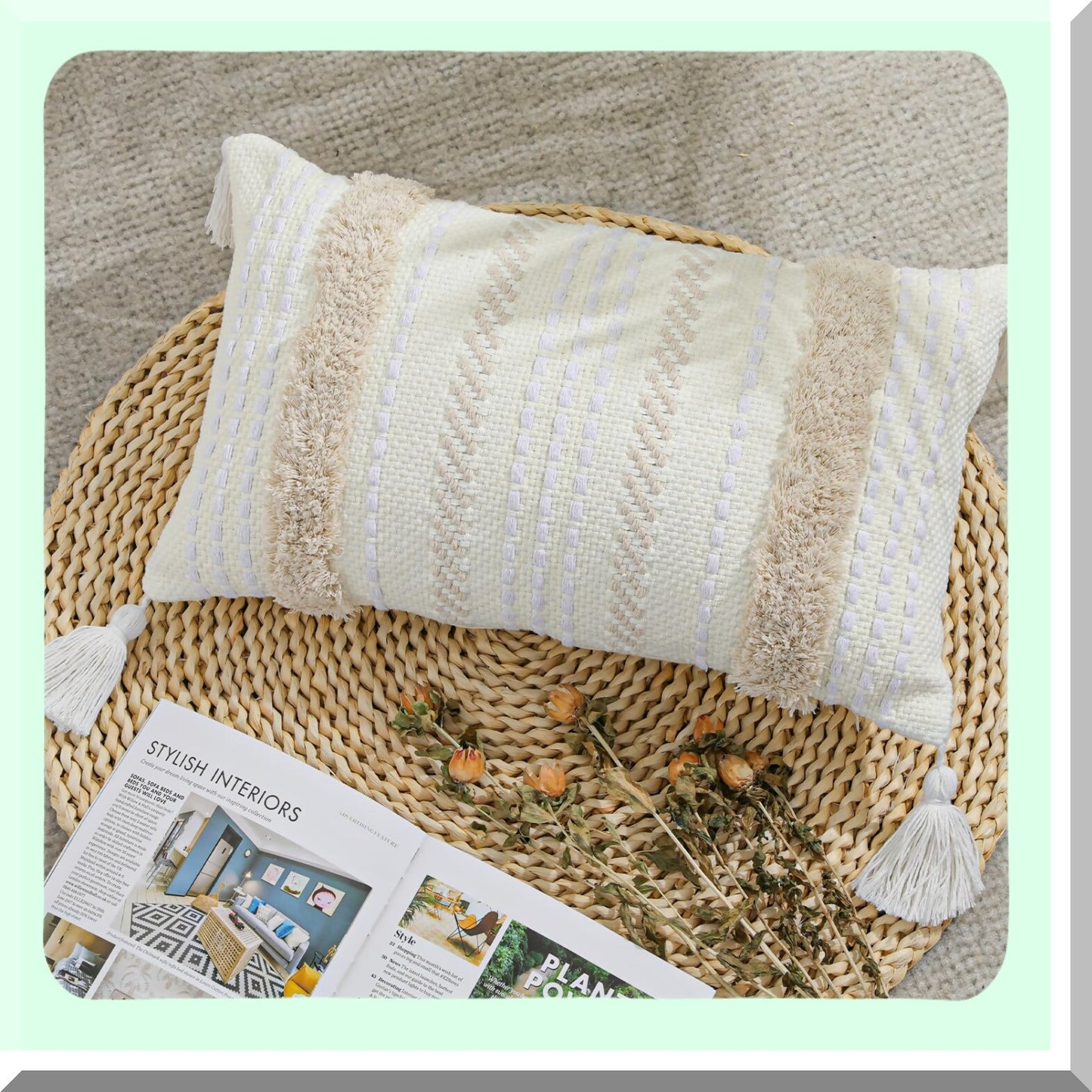 Tufted Farmhouse Lumbar Pillow Cover - Modern Boho Decorative Throw Pillow Case for Couch Bed Home - Small Neutral Accent Cream White 12x20"