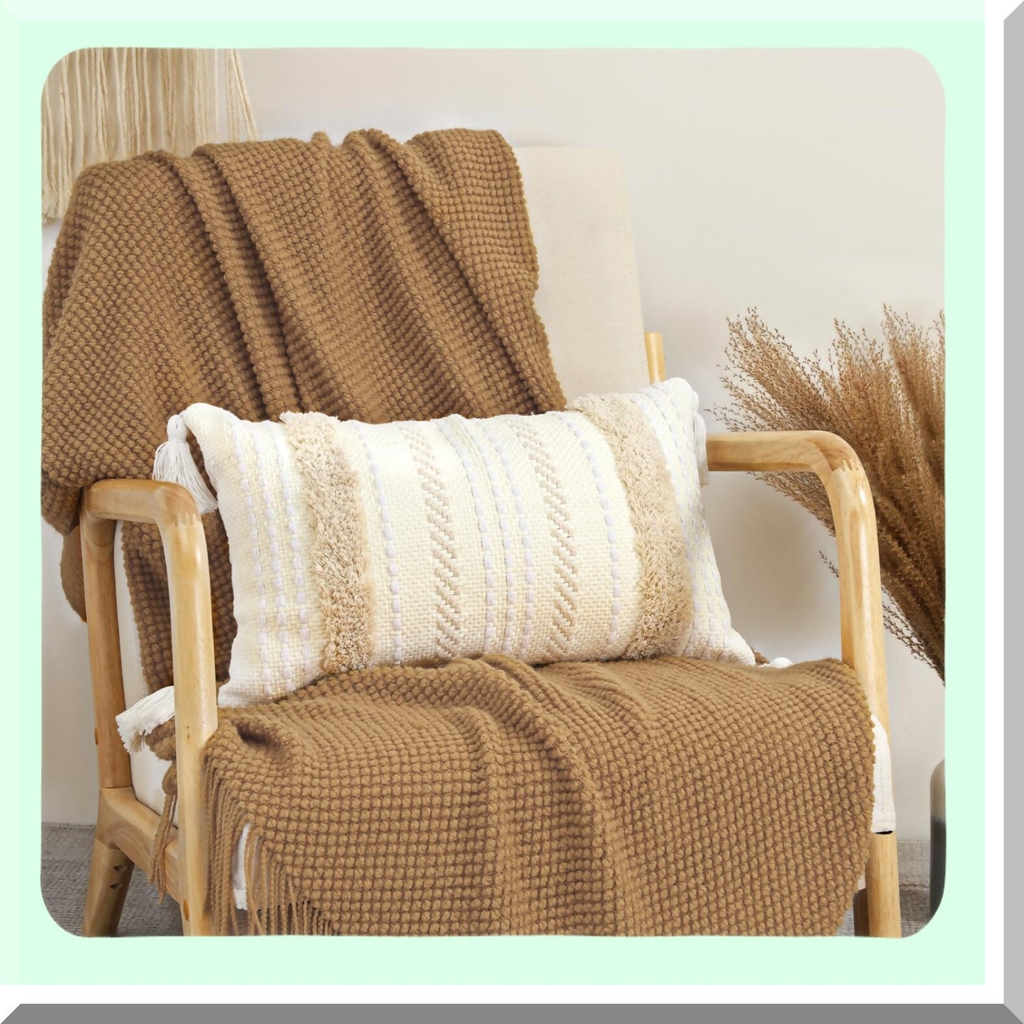 Tufted Farmhouse Lumbar Pillow Cover - Modern Boho Decorative Throw Pillow Case for Couch Bed Home - Small Neutral Accent Cream White 12x20"