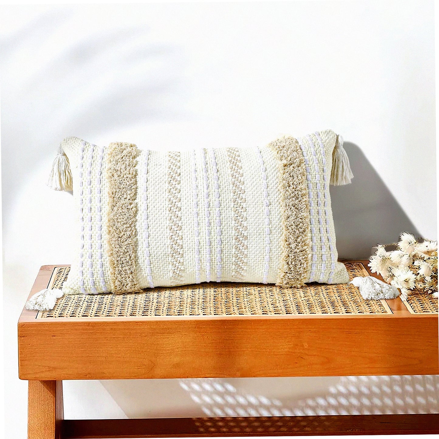 Tufted Farmhouse Lumbar Pillow Cover - Modern Boho Decorative Throw Pillow Case for Couch Bed Home - Small Neutral Accent Cream White 12x20"