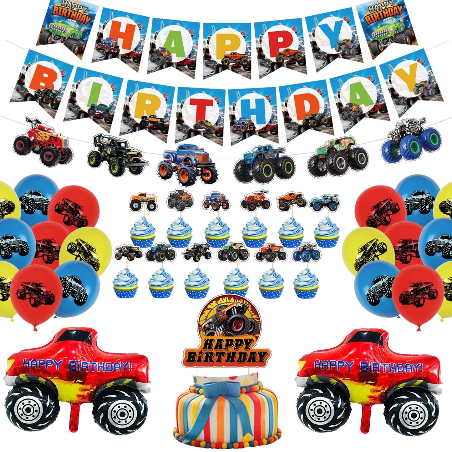 Truckin' Birthday Bash Kit - Happy Birthday Banner, Truck Balloons & Cake Toppers - Monster Truck Party Decorations for Kids Birthday Party - Supplies