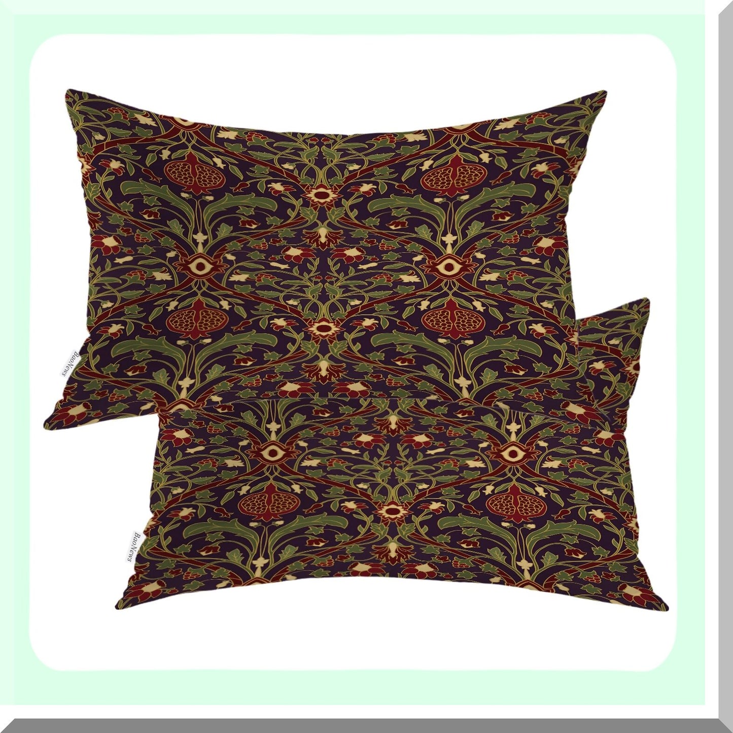 Vintage Floral Tapestry Lumbar Pillow Covers - Set of 2, Burgundy Garnet Decorative Throw Cushion for Sofa, Bedroom, Car - 12 x 20 Inches Cotton