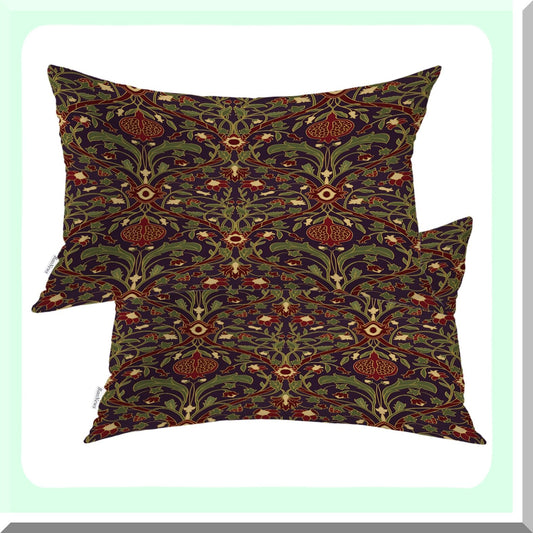 Vintage Floral Tapestry Lumbar Pillow Covers - Set of 2, Burgundy Garnet Decorative Throw Cushion for Sofa, Bedroom, Car - 12 x 20 Inches Cotton
