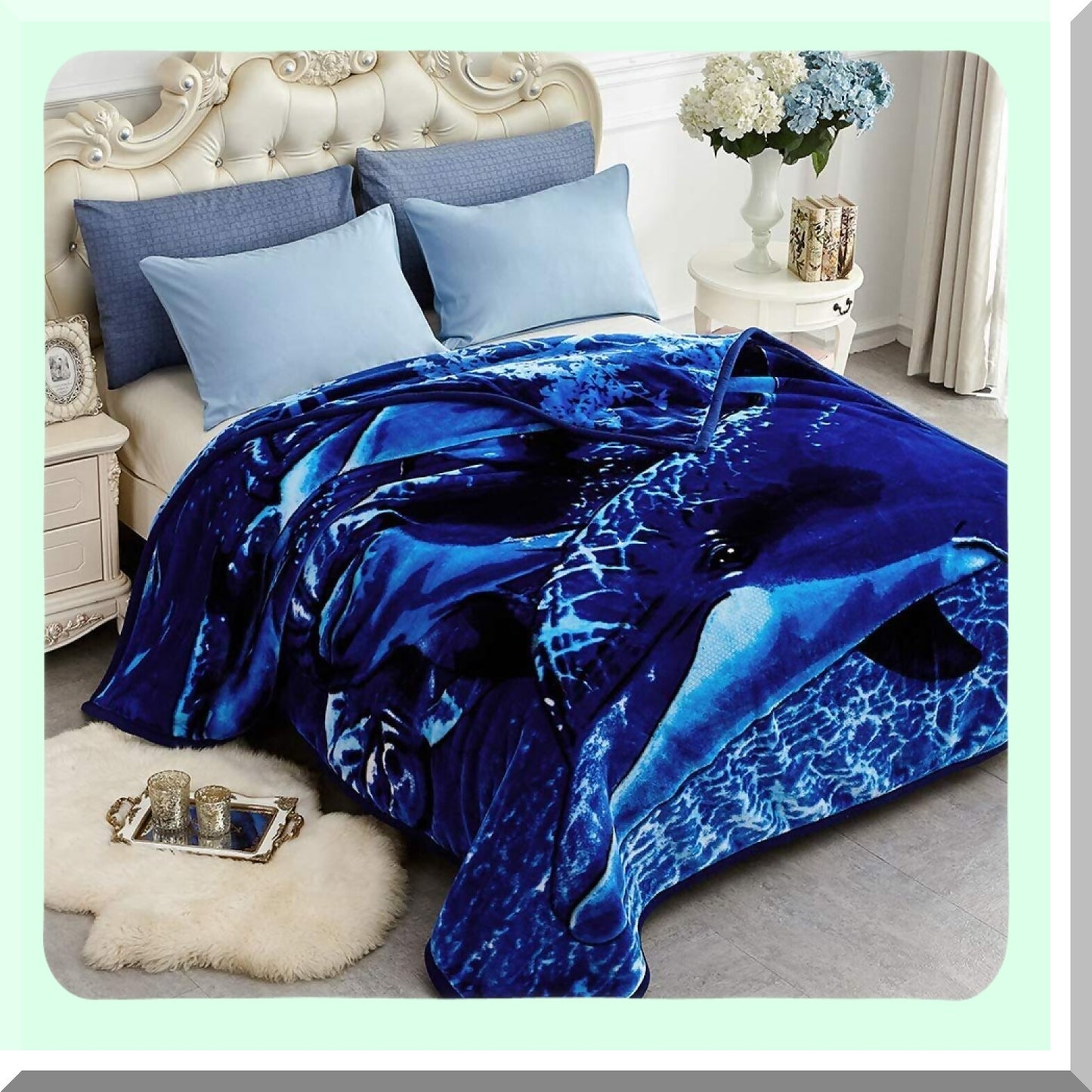 UltraWarm Reversible Plush Mink Blanket - 5 LB, 2 Ply, Silky Soft, Super Cozy, Embossed Dolphin Design, Queen Size