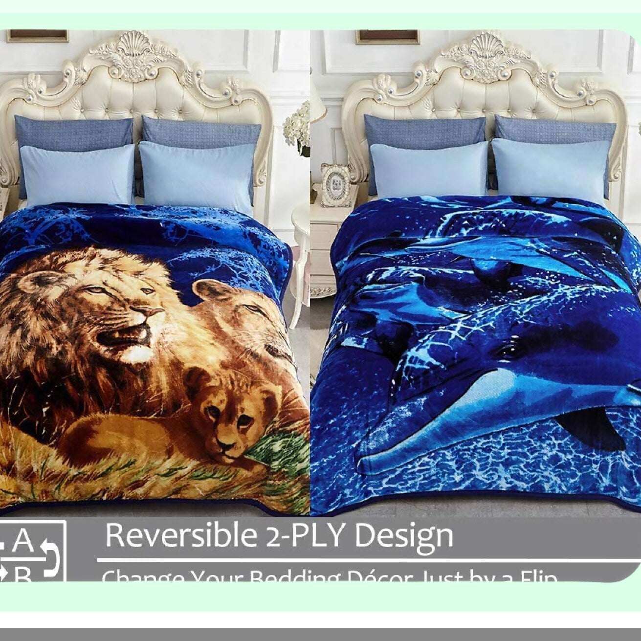 UltraWarm Reversible Plush Mink Blanket - 5 LB, 2 Ply, Silky Soft, Super Cozy, Embossed Dolphin Design, Queen Size