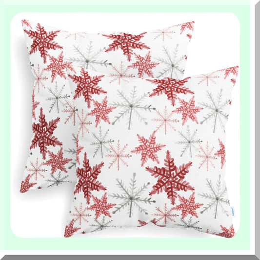 Snowflake Cozy Fleece Pillowcase Set - Holiday Decor Cushion Covers for Couch Sofa - Pack of 2 - 18 X 18 Inches - Red Grey - Home Decoration