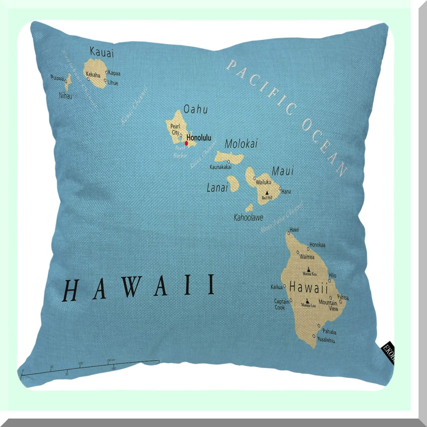 Hawaiian Islands Political Map Decorative Pillow Cover - Pacific Cities & Volcanoes Cushion Case - Cozy Cotton Linen Square 18x18 Inch - Men Women Boys Girls Room Home Decor