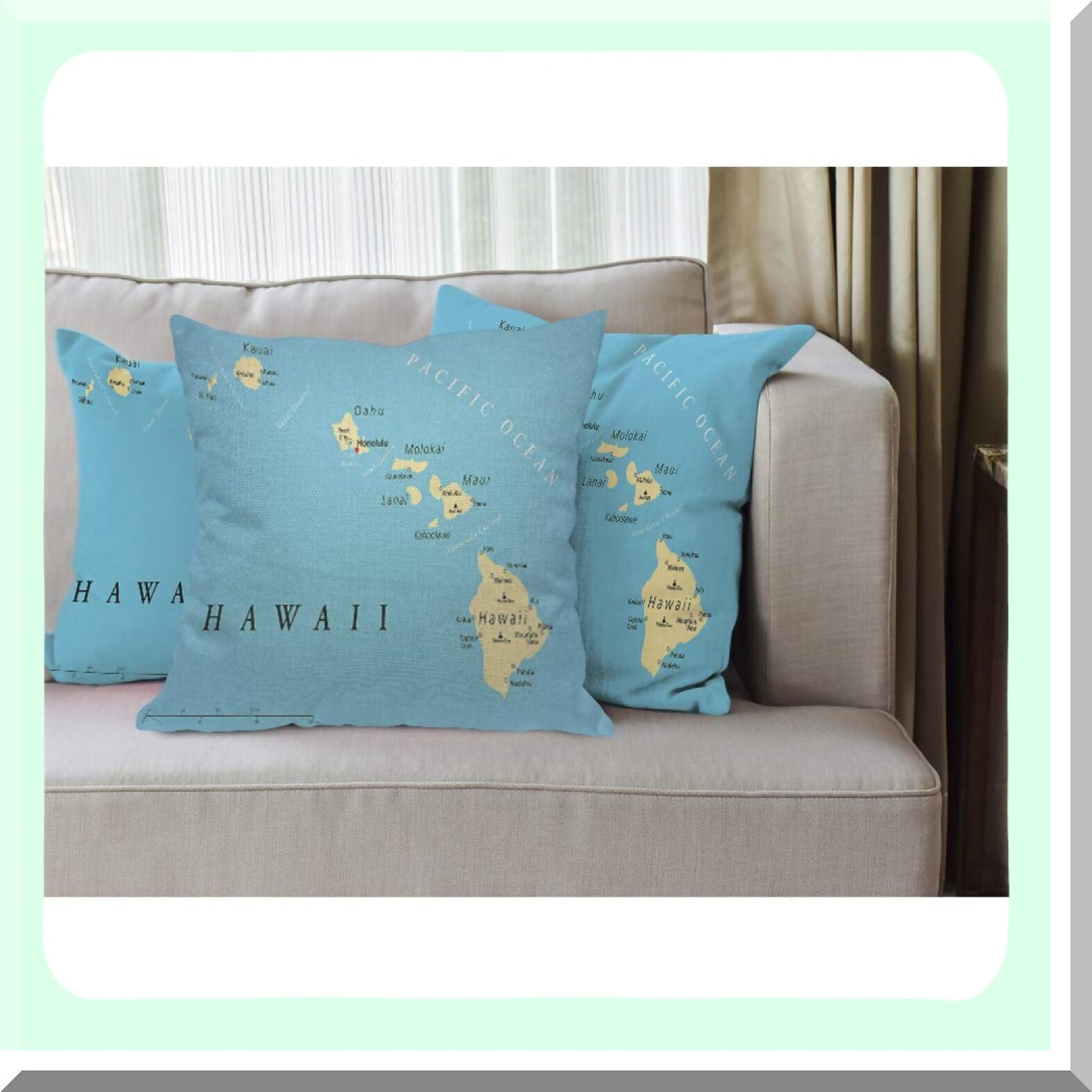 Hawaiian Islands Political Map Decorative Pillow Cover - Pacific Cities & Volcanoes Cushion Case - Cozy Cotton Linen Square 18x18 Inch - Men Women Boys Girls Room Home Decor