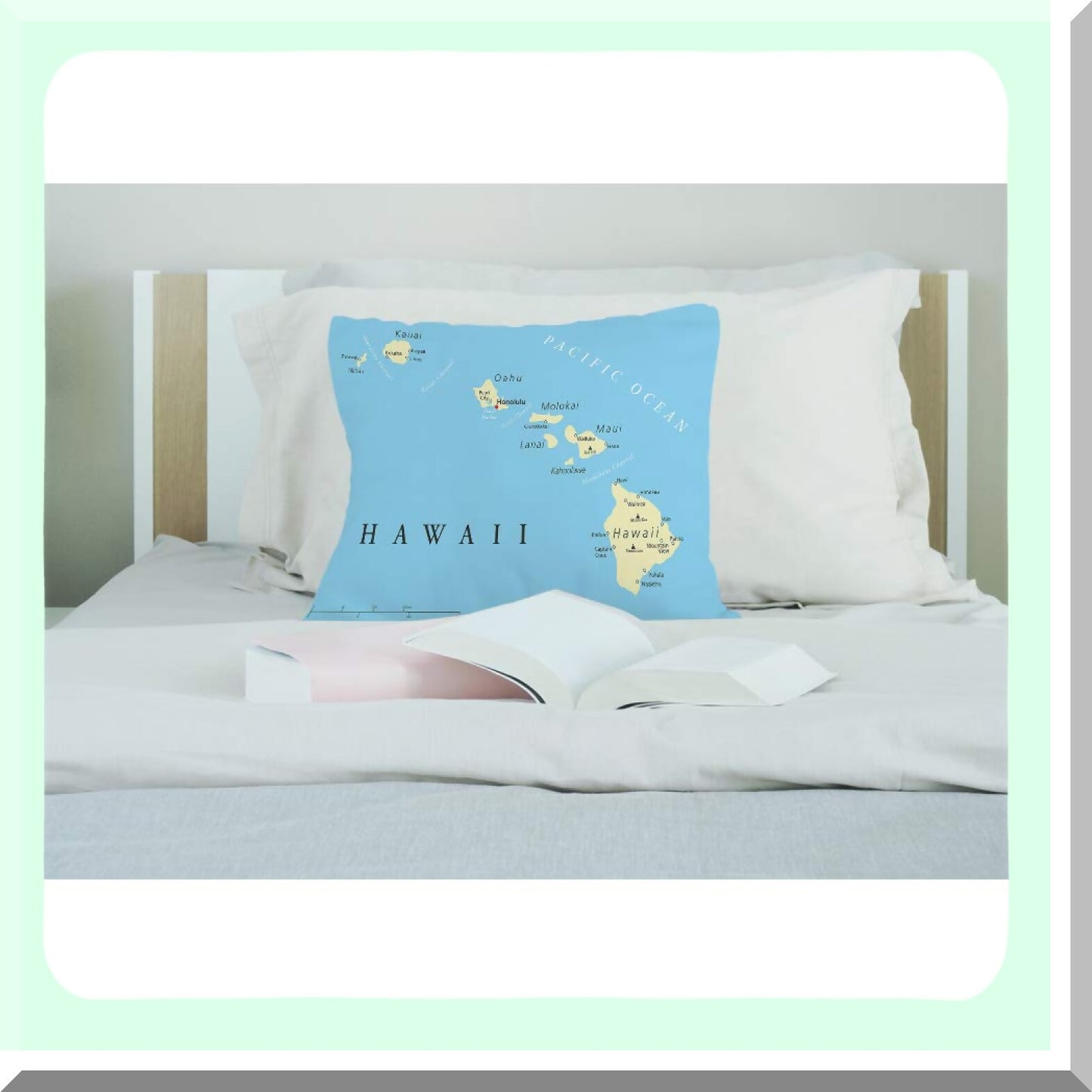 Hawaiian Islands Political Map Decorative Pillow Cover - Pacific Cities & Volcanoes Cushion Case - Cozy Cotton Linen Square 18x18 Inch - Men Women Boys Girls Room Home Decor