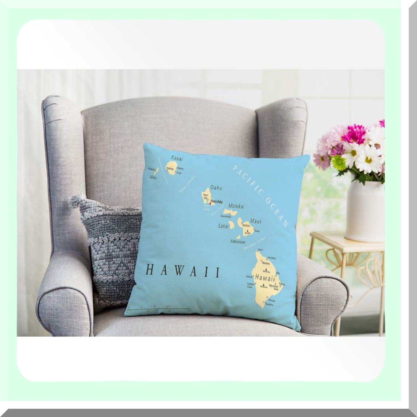 Hawaiian Islands Political Map Decorative Pillow Cover - Pacific Cities & Volcanoes Cushion Case - Cozy Cotton Linen Square 18x18 Inch - Men Women Boys Girls Room Home Decor