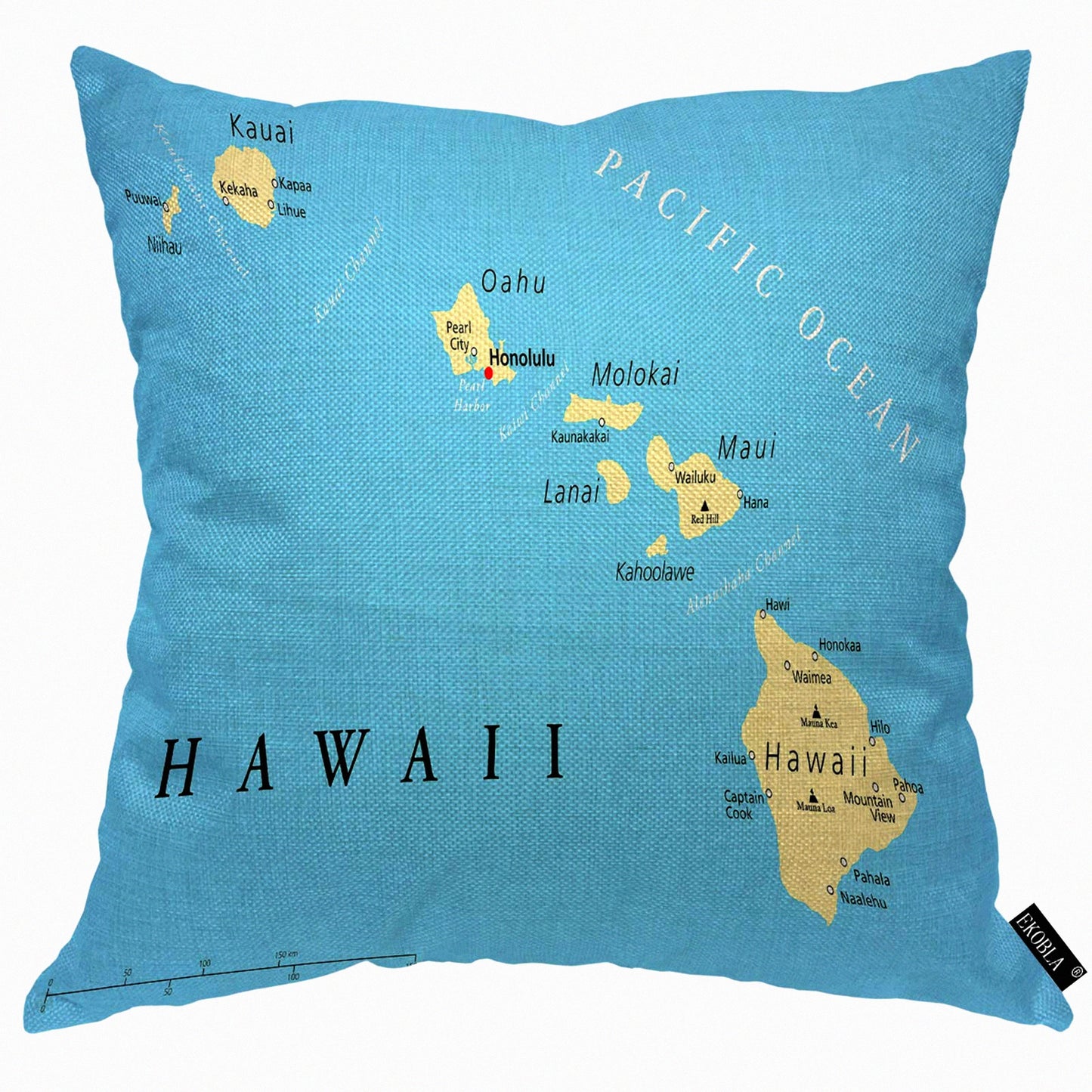 Hawaiian Islands Political Map Decorative Pillow Cover - Pacific Cities & Volcanoes Cushion Case - Cozy Cotton Linen Square 18x18 Inch - Men Women Boys Girls Room Home Decor