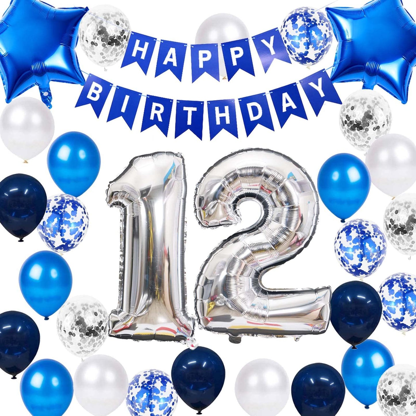 Blue Blast 12th Birthday Bash Kit - Happy Birthday Banner, Number 12 Balloons, Confetti Balloons - Perfect Decor for Boys 12 Years Old Party
