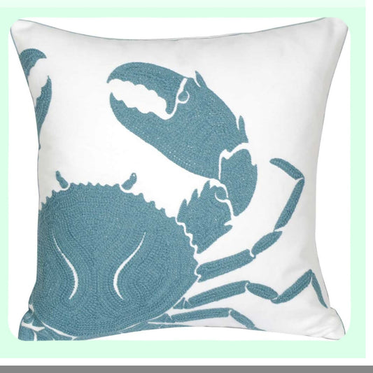 Nautical Embroidered Seafoam Pillow Cover - Coastal Decorative Canvas Cushion Case for Beach House Style - Crab Design - 18 Inch Square