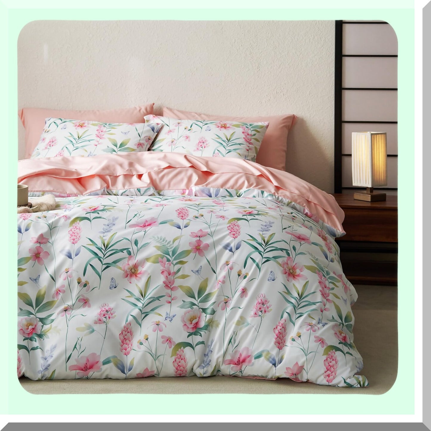 Botanical Bloom Comforter Set - Pink Floral & Green Tree Leaves Pattern - Soft Microfiber Bedding - 3pcs Queen Size - White Background