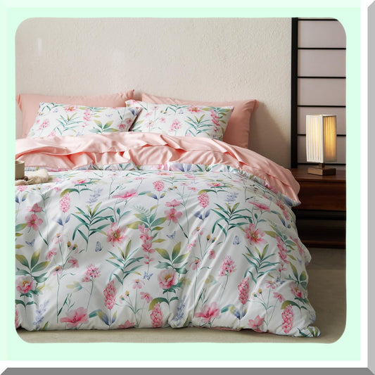 Botanical Bloom Comforter Set - Pink Floral & Green Tree Leaves Pattern - Soft Microfiber Bedding - 3pcs Queen Size - White Background