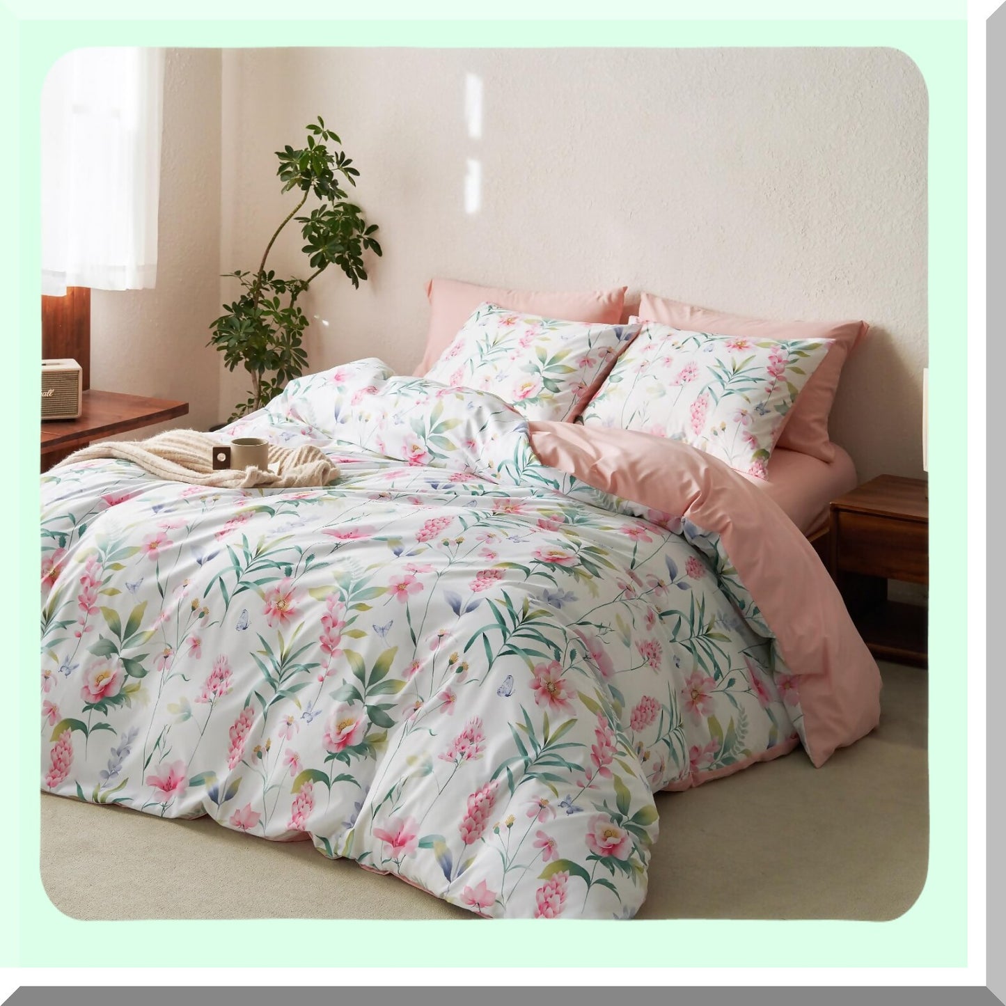 Botanical Bloom Comforter Set - Pink Floral & Green Tree Leaves Pattern - Soft Microfiber Bedding - 3pcs Queen Size - White Background