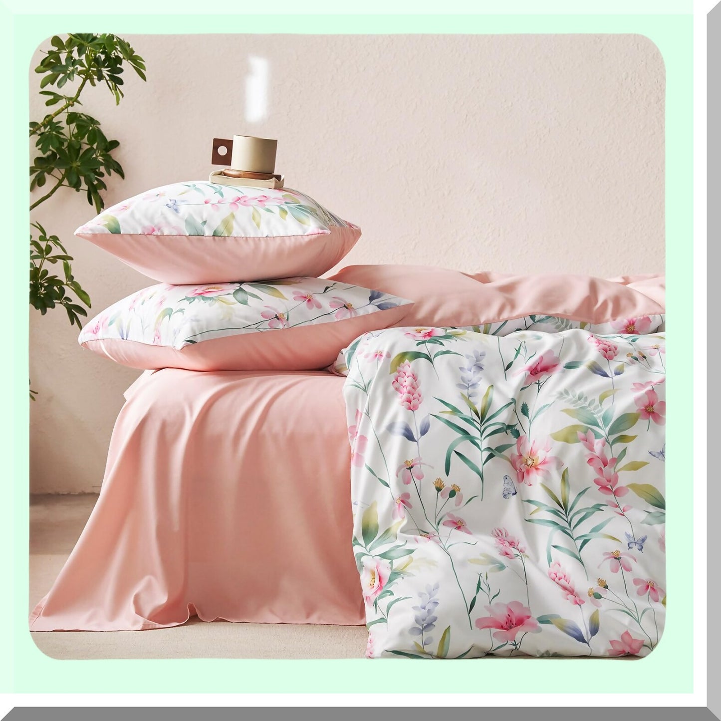 Botanical Bloom Comforter Set - Pink Floral & Green Tree Leaves Pattern - Soft Microfiber Bedding - 3pcs Queen Size - White Background