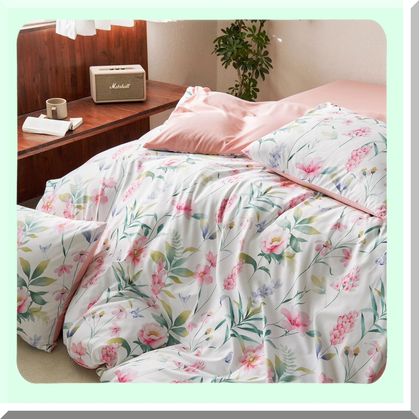 Botanical Bloom Comforter Set - Pink Floral & Green Tree Leaves Pattern - Soft Microfiber Bedding - 3pcs Queen Size - White Background