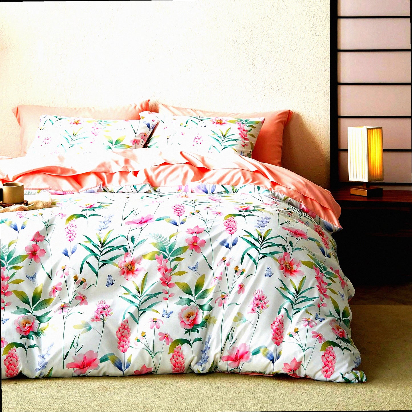 Botanical Bloom Comforter Set - Pink Floral & Green Tree Leaves Pattern - Soft Microfiber Bedding - 3pcs Queen Size - White Background